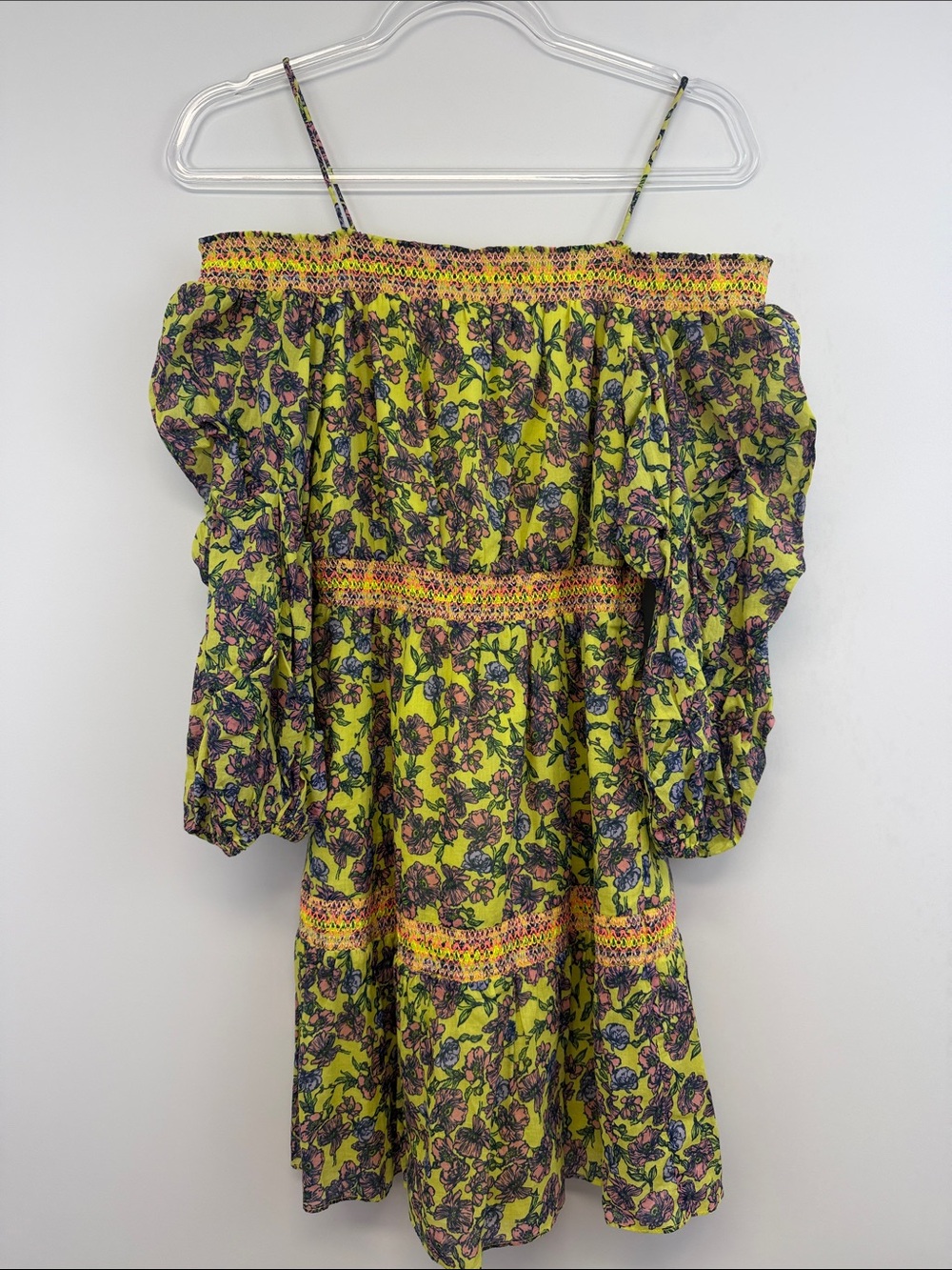 Alice + Olivia Dorothy Neon Floral Off Shoulder Mini Dress Lime Green 0 - Picture 2 of 8